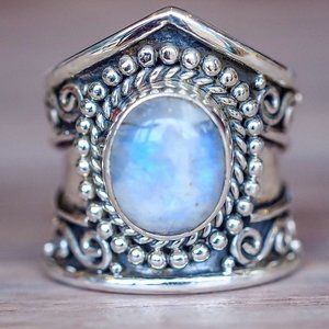 *NEW Vintage Moonstone 925 Silver Wide Band Ring